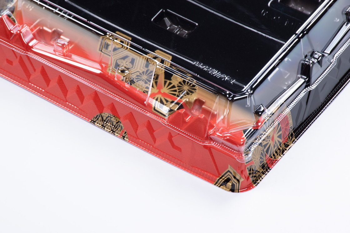 黒 赤 透明な蓋付き 1回使用可能な寿司箱 持ち出す寿司トレイ フルーツケーキ デザート容器