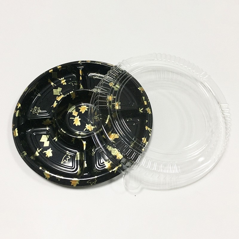 オーダーメイド 使い捨て寿司箱 蓋付き丸いプラスチック 5格子 サルモン 棘の体 販売 梱包 ランチボックス